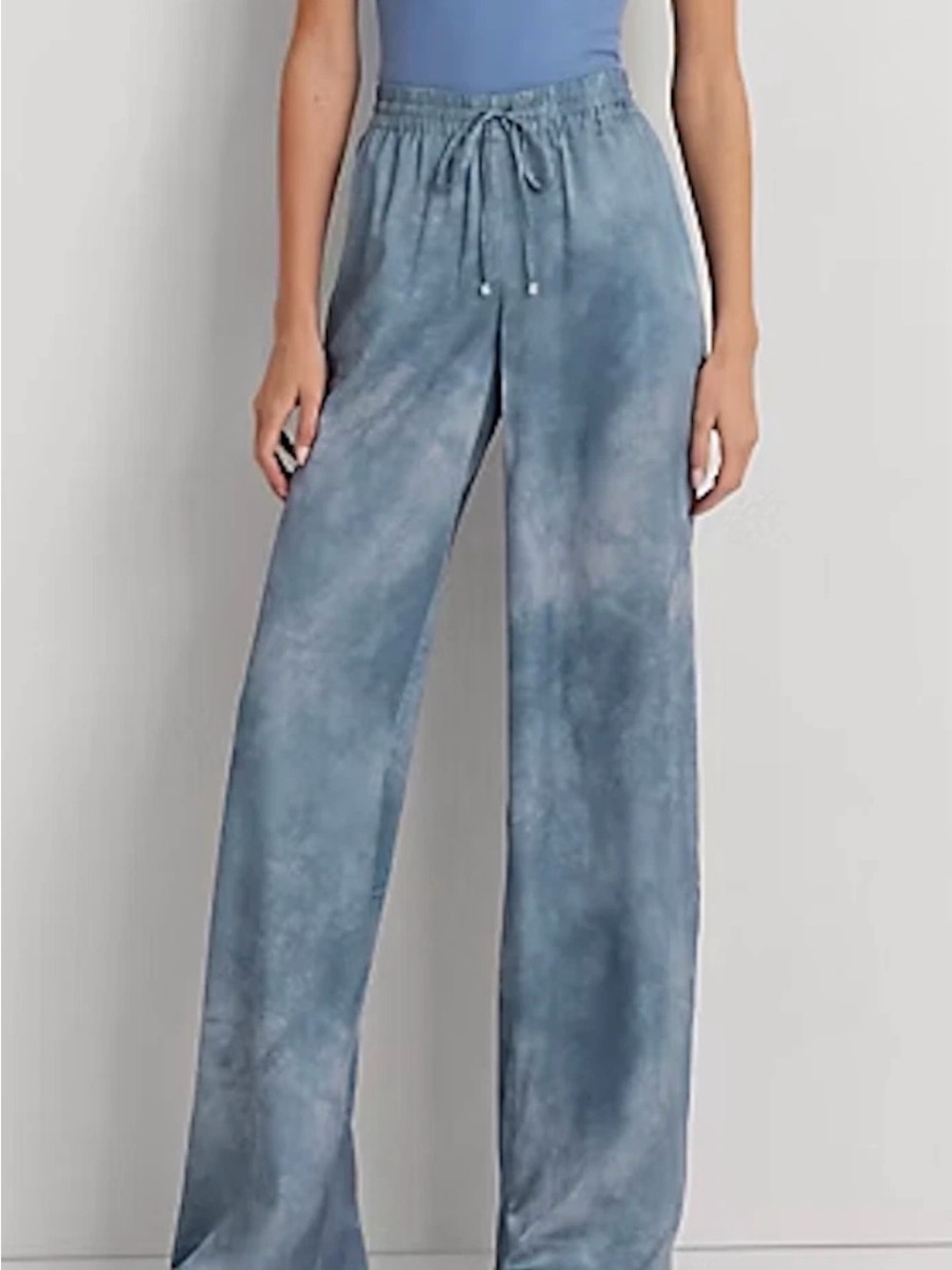 NWT Ralph Lauren Lounge Wide Leg Pants Charmeuse Blue White  Pockets Sz Med $175